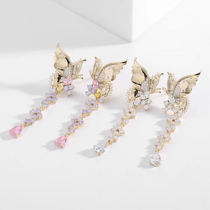 Micro Inlaid Cubic Zirconia Exaggerated Atmospheric Earrings Long Style Butterfly Water Drop Earrings