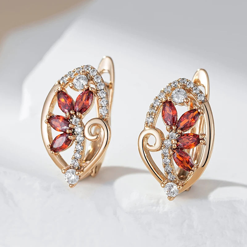 Wbmqda Luxury Red Crystal Flower Drop Earrings For Women 585 Rose Gold Color With White Natural Zircon Ethnic Wedding Jewelry