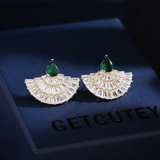 SUYU Elegant Temperament Earrings Glittering Cubic Zirconia Inlaid Style Earrings Small Skirt Fan-Shaped Earrings