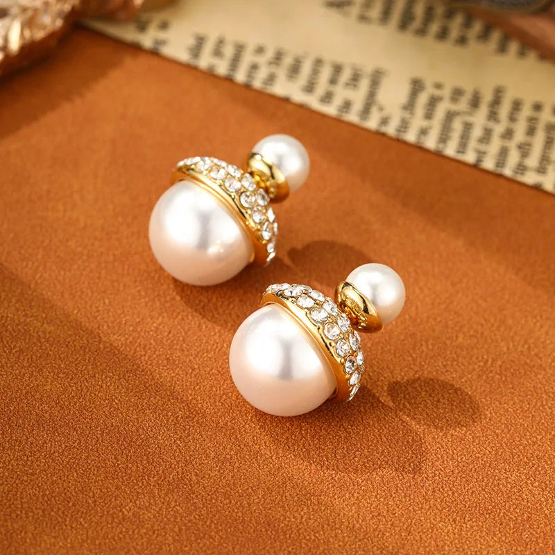 SUYU 2024 New Fashionable Copper Plated French Vintage Double sided Size Simulated Pearl Earrings Fashion Jewelry