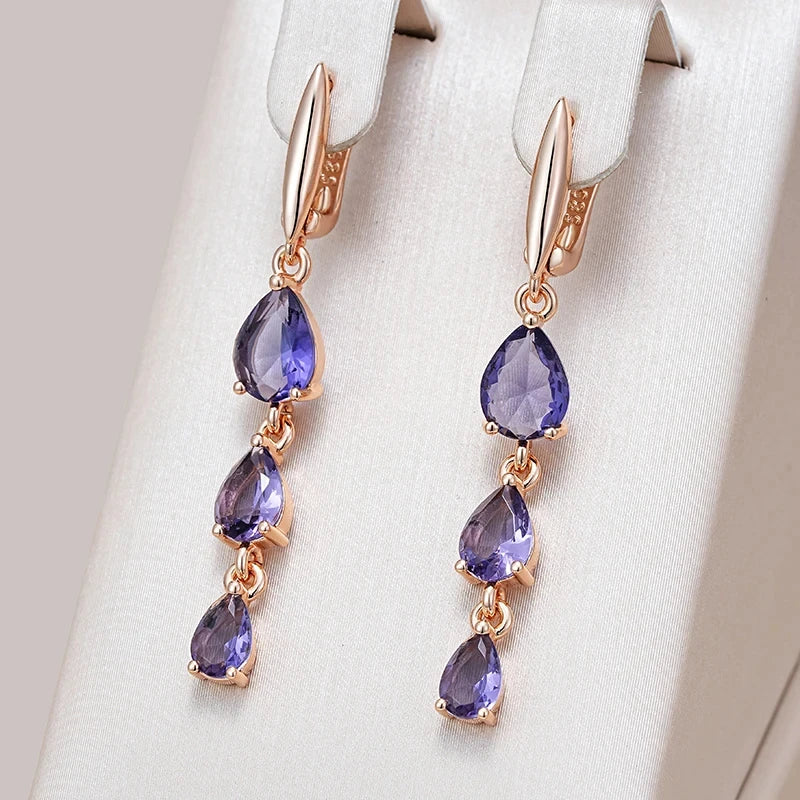 Wbmqda Shiny Purple Natural Zircon Long Dangle Earrings For Women 585 Rose Gold Color Wedding Party Fine Jewelry