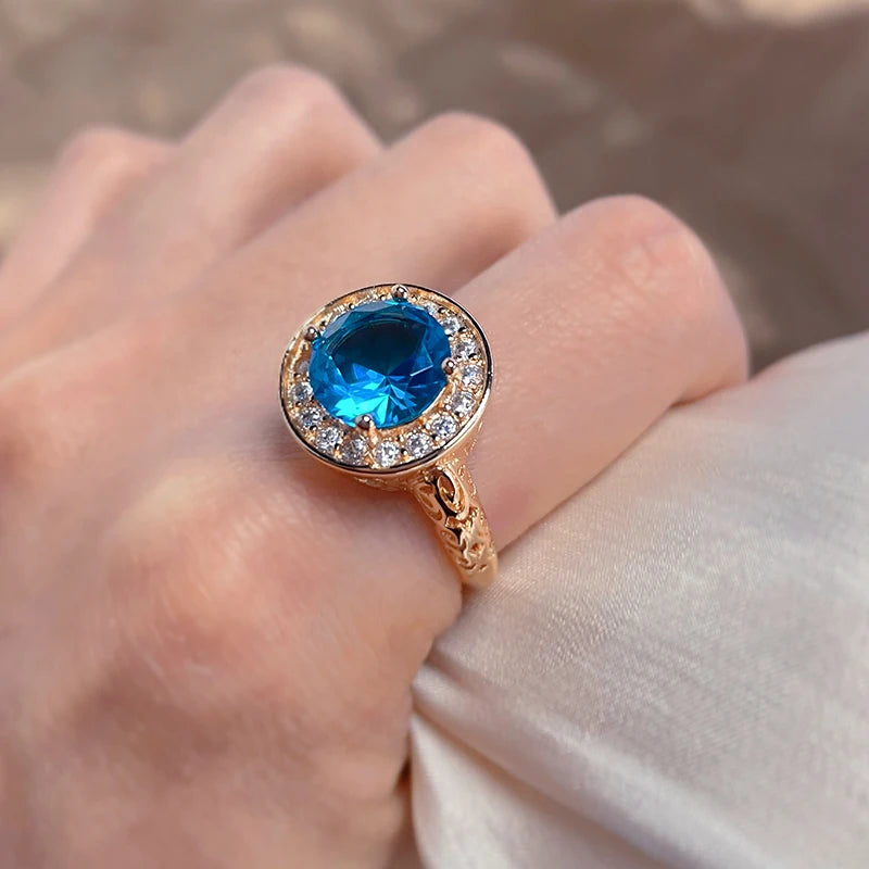 Wbmqda Luxury Fashion Blue Natural Zircon Big Ring For Women 585 Rose Gold Color Classic Retro Ethnic Wedding Jewelry Gift