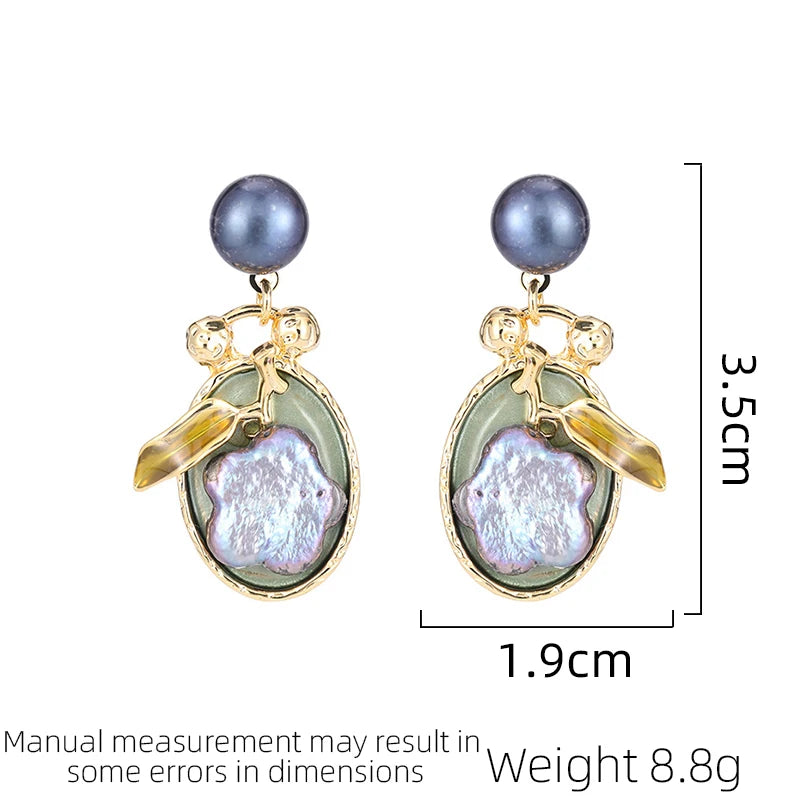 SUYU Summer New Women's Luxury Art Retro Earrings Oil Drop Leaf Craft Simulation Pearl Fashion Jewelry