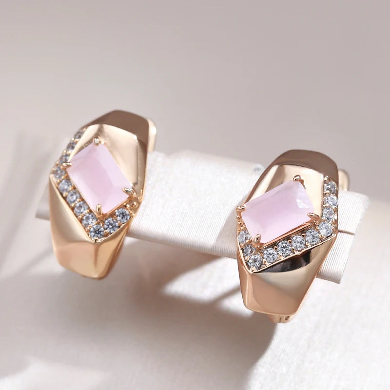 Wbmqda Luxury Fashion Pink Zircon Drop Earrings For Women 585 Rose Gold Color Square Stone Setting Wedding Party Fine Jewelry