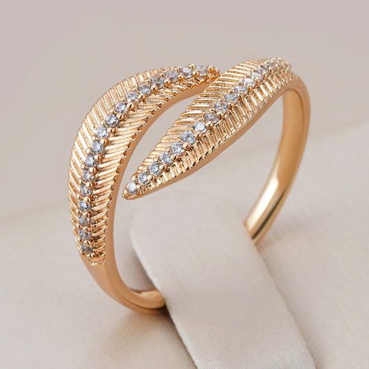 Kinel Hot Shiny Natural Zircon Vintage Leaf Open Ring For Women Luxury 585 Rose Gold Color Daily Fine Jewelry Crystal Gift