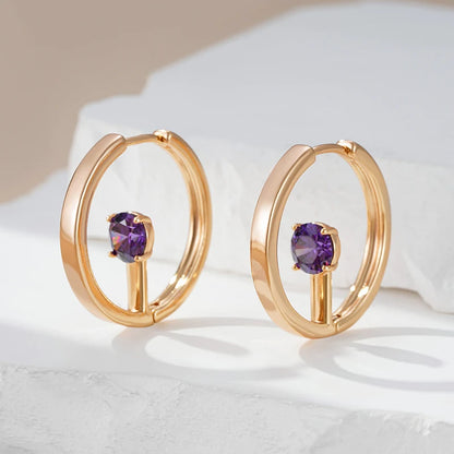 Wbmqda 585 Rose Gold Color Fashion Charm Purple Natural Zircon Hoop Earrings For Women Elegant Wedding Party Fine Jewelry Gift