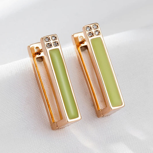 Wbmqda New Fashion Design Green Enamel Hoop Zircon Earrings For Women 585 Rose Gold Color Simple French Style Jewelry Gift