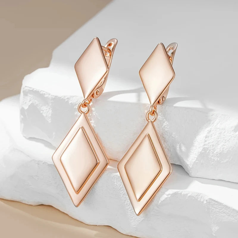 Wbmqda Rhombus Long Drop Earrings for Women 585 Rose Gold Color High Quality Daily Party Fine Jewelry