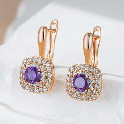 Wbmqda Luxury Purple Women's Drop Earrings 585 Rose Gold Color Full Stones Setting Shiny Wedding Party Fine Jewelry