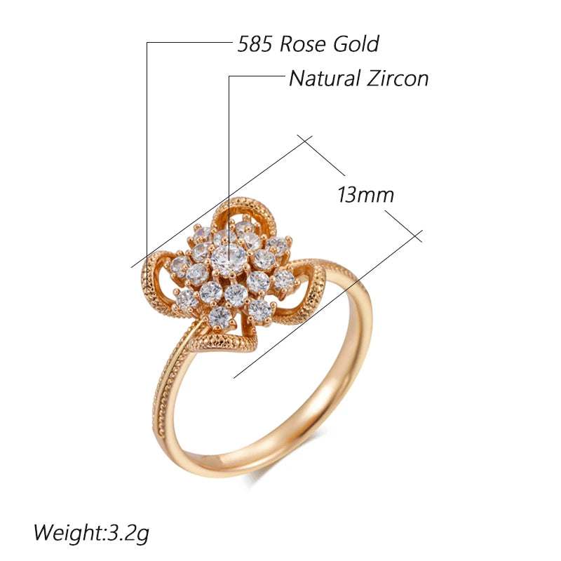 Kinel New 585 Rose Gold Color Hollow Flower Rings for Women Shiny Natural Zircon Accessories Unusual Ethnic Wedding Jewelry