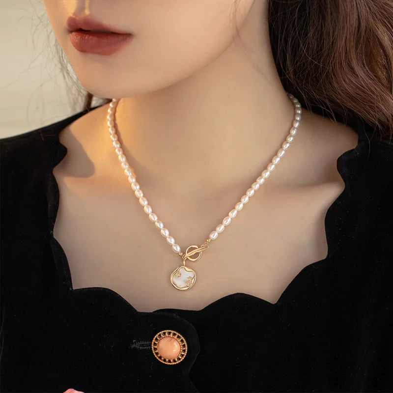 SUYU 5-6mm Natural Freshwater Pearl Necklace For Women's Light Luxury Design Round Brand Star Pendant Ot Buckle Trendy