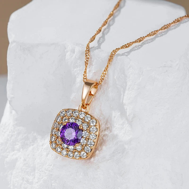 Wbmqda Luxury Purple Pendant And Necklace For Women 585 Rose Gold Color Full Stones Setting Shiny Wedding Party Fine Jewelry