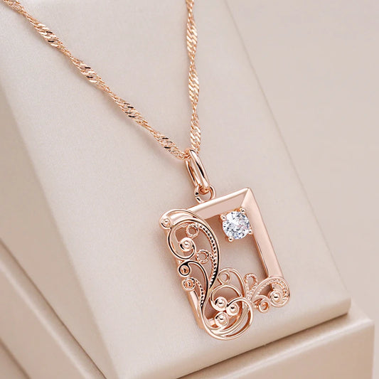 Kinel Vintage 585 Rose Gold Color Square Pendant Necklace for Women Natural Zircon Glossy Metal Ethnic Bride Trend Daily Jewelry