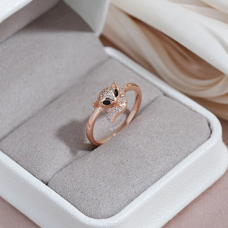 Wbmqda Unusual Fox Ring For Women 585 Rose Gold Color Black White Zircon Setting Luxury Fashion Animal Jewelry Accessories