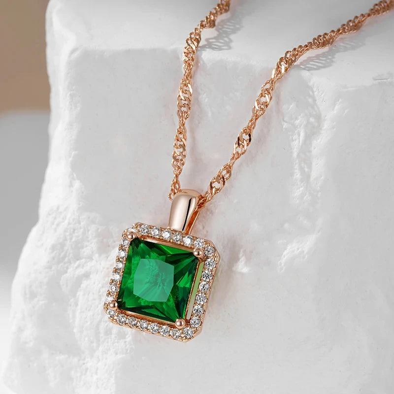 Wbmqda Square Green Stone Pendant And Necklace For Women 585 Rose Gold Color Luxury Zircon Jewelry Accessories