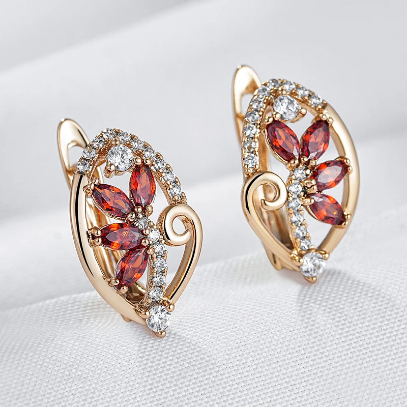 Wbmqda Luxury Red Crystal Flower Drop Earrings For Women 585 Rose Gold Color With White Natural Zircon Ethnic Wedding Jewelry