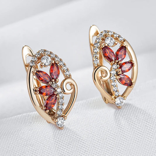 Wbmqda Luxury Red Crystal Flower Drop Earrings For Women 585 Rose Gold Color With White Natural Zircon Ethnic Wedding Jewelry