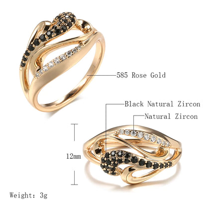 Wbmqda New Unique Black Natural Zircon Gothic Ring For Women 585 Rose Gold Color Retro Refined Daily Jewelry Accessories