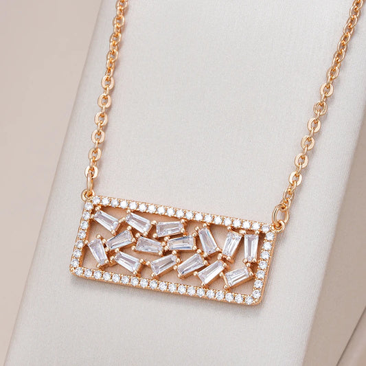 Kinel Hot Full Natural Zircon Square Pendant Necklace for Women Fashion 585 Rose Gold Color High Quality Daily Fine Jewelry Gift