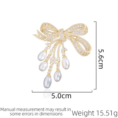 SUYU Ladies' Light Luxury Design Elegant Imitation Pearl Inlaid Zircon Bow Brooch Fashionable Versatile Niche Design Brooch