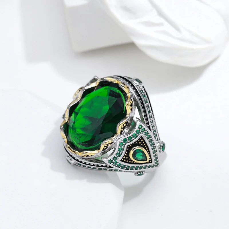 Kinel Vintage Ring for Men Green Natural Zircon Hand Engraved Pattern Ethnic Jewelry Punk Big Ring Best Daily Accessories