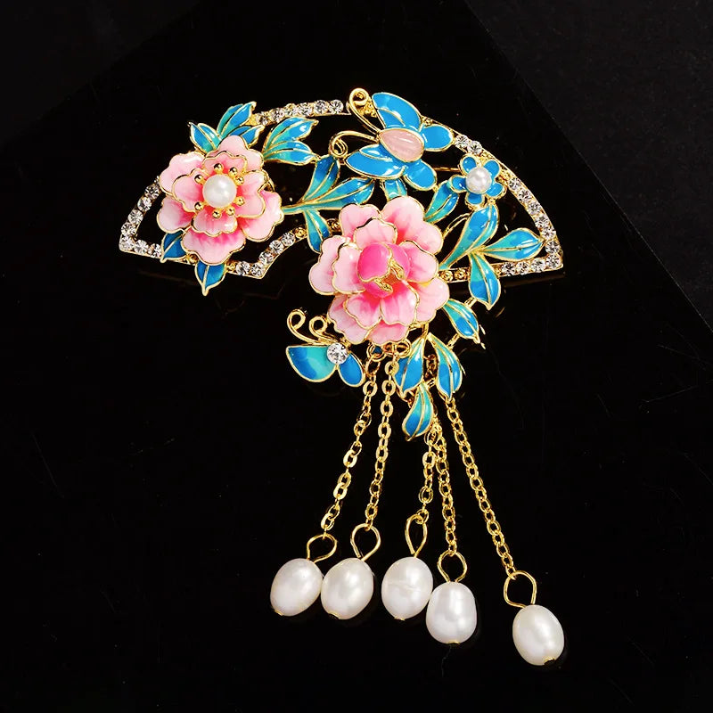 SUYU Antique Silk Flower Peony Brooch Enamel Color Step Shaking Tassel Brooch Accessories China-Chic Cheongsam Hanfu Flower Pin