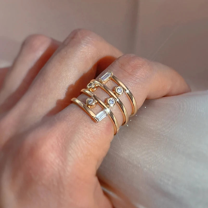 Wbmqda New Fashion 585 Rose Gold Color Geometric Hollow Line Zircon Rings For Women 2023 Modern Trendy Style Designer Jewelry