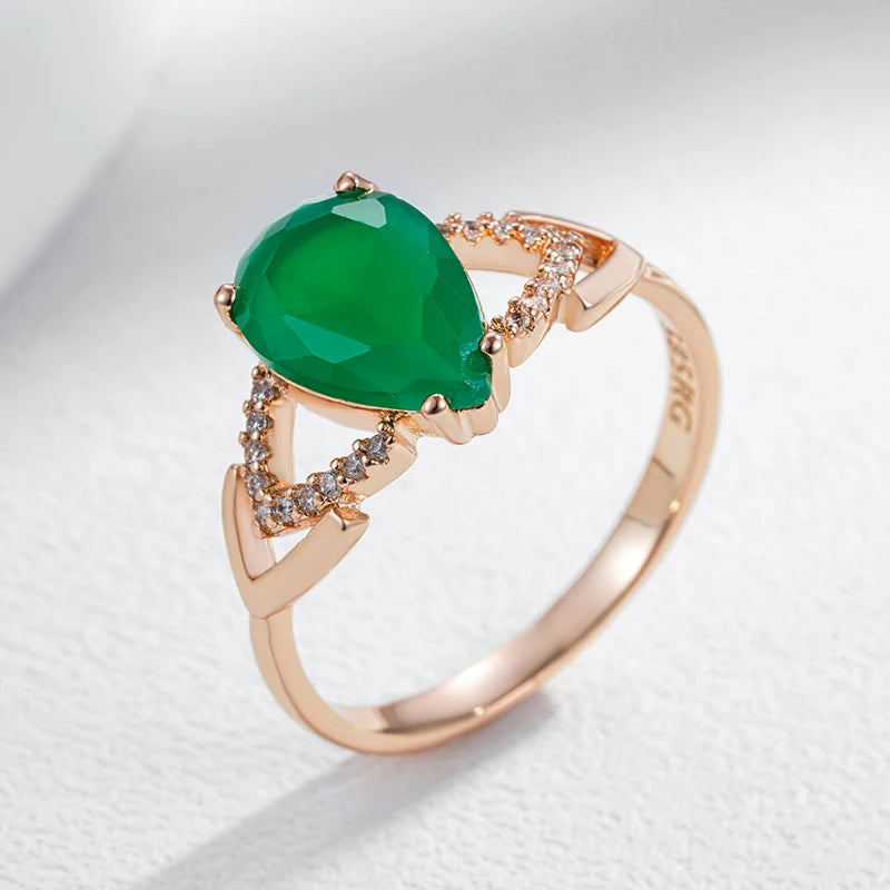 Wbmqda Luxury Emerald Stone Ring For Women 585 Rose Gold Color Retro Elegant Jewelry Accessories