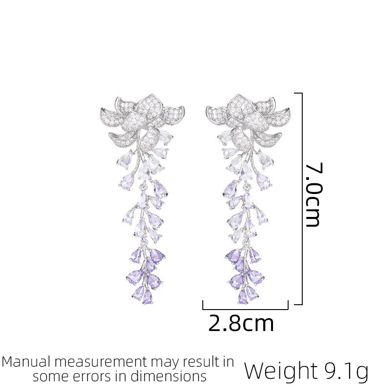 Heavy Industry Micro inlaid Zircon New Women's Tassel Light Luxury Leaf Personalized Long Earrings Design Fashion Accessories