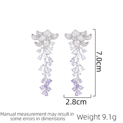 Heavy Industry Micro inlaid Zircon New Women's Tassel Light Luxury Leaf Personalized Long Earrings Design Fashion Accessories