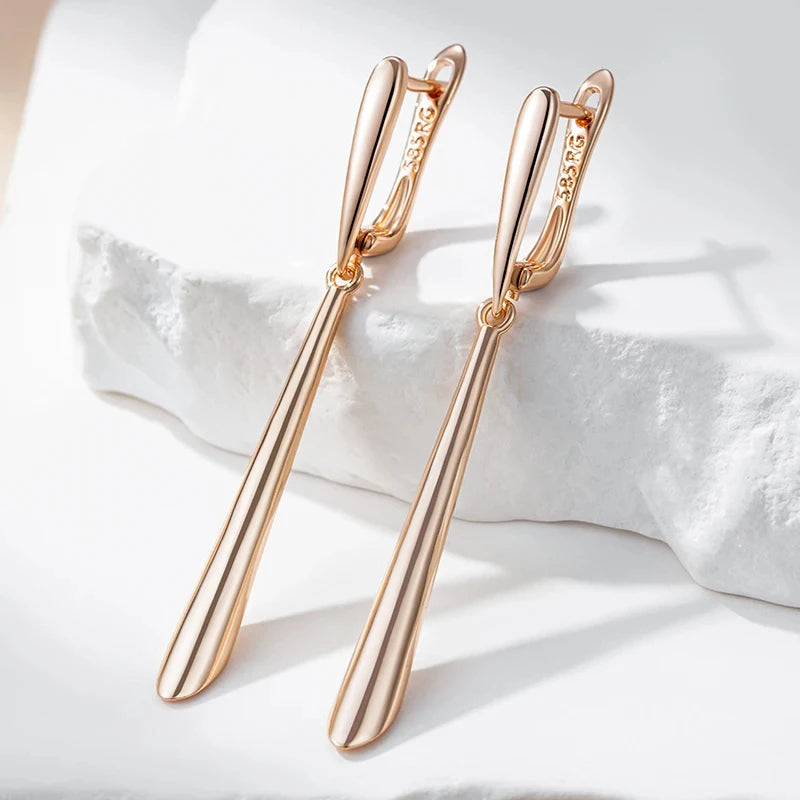 Wbmqda 585 Rose Gold Color Glossy Long Earrings For Women Elegant Fashion Daily Jewelry Accessories