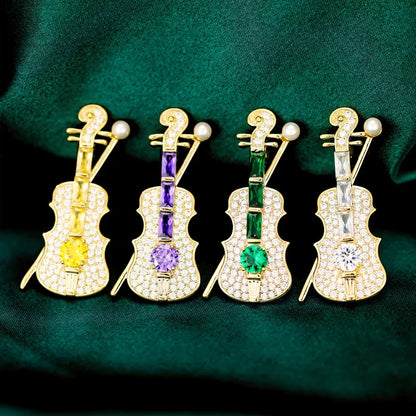 SUYU Refined Violin Copper Microinlaid Cubic Zirconia Brooch Suit Clothing Accessories Pins