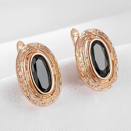 Wbmqda 585 Rose Gold Color Vintage Elegant Black Zircon Drop Earrings For Women Exquisite Floral Pattern Ethnic Wedding Jewelry