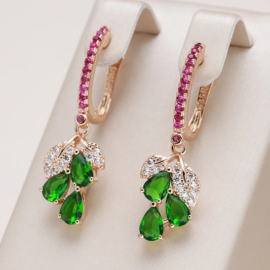 Kienl New 585 Rose Gold Color Long Earring for Women Vintage Green Natural Zircon Flower Drop Earring High Quality Daily Jewelry