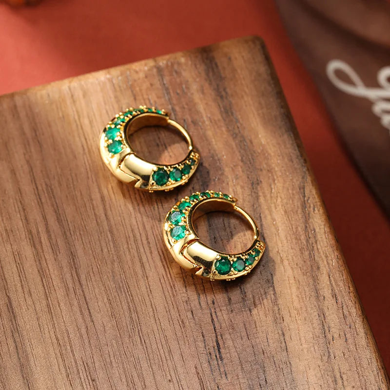 SUYU Fashionable Jewelry With Green Zircon Circle Earrings Women's Ins Light Luxury Style Niche Earrings Retro Earrings