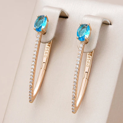 Wbmqda Luxury Fashion V Shape Blue Natural Zircon Drop Earrings For Women 585 Rose Gold Color 2023 Trendy Daily Matching Jewelry