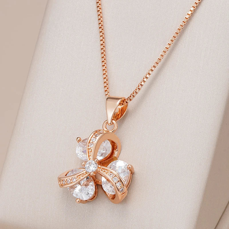 Wbmqda 585 Rose Gold Color Luxury Crystal Flower Necklace Pendant For Women With White Natural Zircon 2023 Trendy Neck Chain