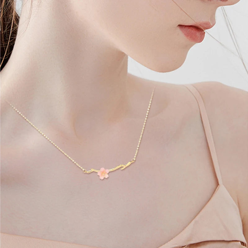 2023 New Pink Cherry Blossom Necklace For Women's Fashion Niche Minimalist Design Branch Flower Collar Chain Accessories