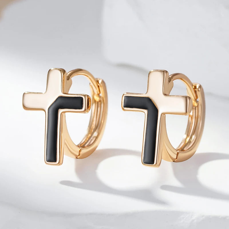 Wbmqda Unique Black Enamel Cross Pendant 585 Rose Gold Color Hoop Earrings For Women Fashion Punk Daily Party Fine Jewelry