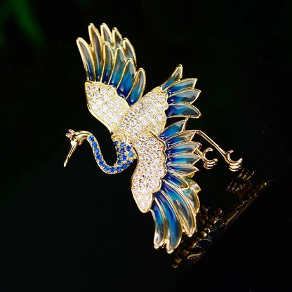 SUYU Chinese Style Crane Copper Inlaid Cubic Zirconia Brooch Dress Cheongsam Accessories