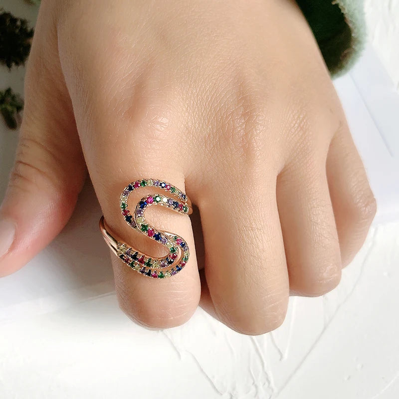 Wbmqda Unique Colorful Zircon S Shape Geometric Ring For Women 585 Rose Gold Color Fashion Personalized Jewelry Accessories