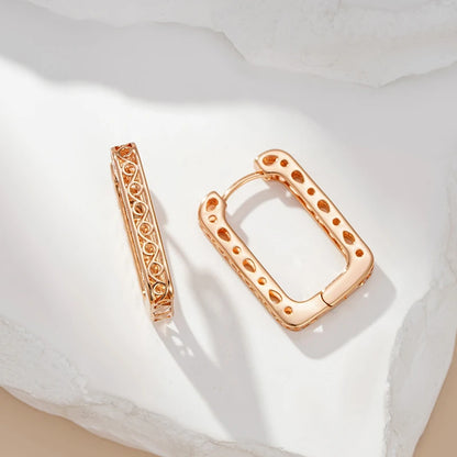 Wbmqda New Fashion Design 585 Rose Gold Color Square Hollow Hoop Earrings For Women Exquisite Grain Engraving Daily Fine Jewelry