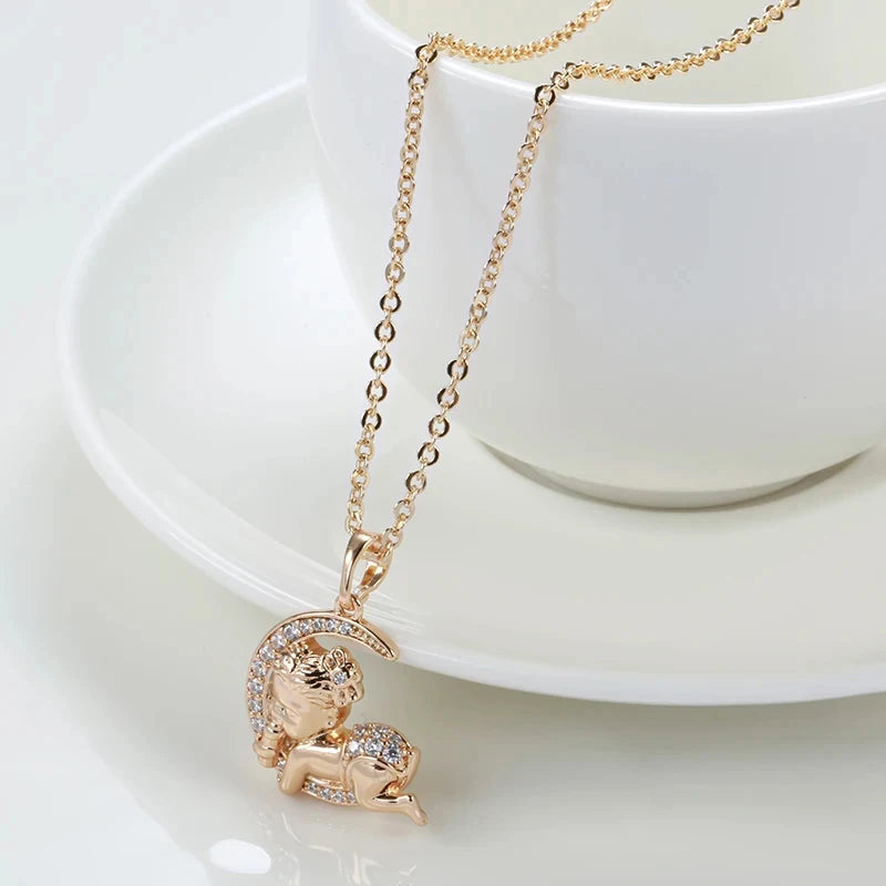 Kinel Hot 585 Rose Gold Color Moon Baby Pendant Necklace for Women Fashion Natural Zircon Pendant Child Jewelry Crystal Gift