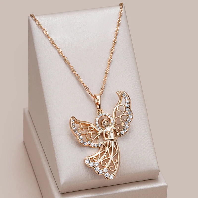 Wbmqda Luxury Fashion Angel Pendant And Necklace For Women 585 Rose Gold Color With White Natural Zircon Best Jewelry Gift