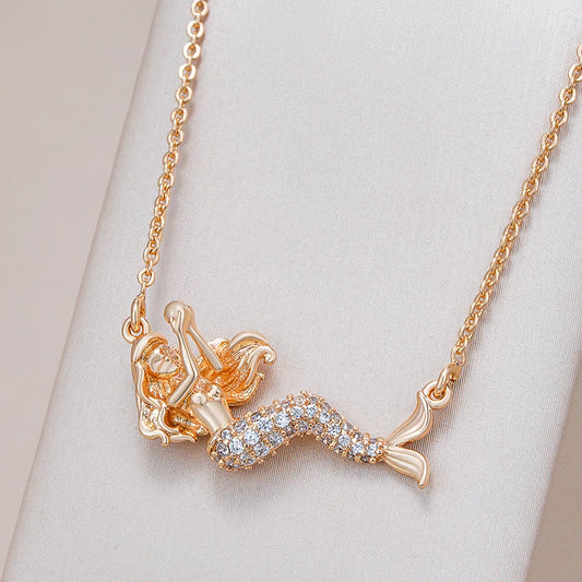 Kinel Exquisite 585 Rose Gold Color Mermaid Pendant Necklaces For Women Shiny Natural Zircon Accessories Daily Fine Jewelry