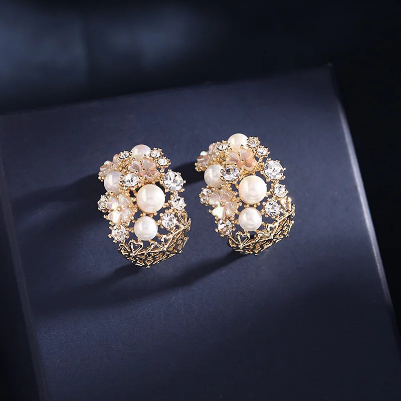 SUYU Earrings With Hollowed Out Half Rings And Simulated Pearl Shell White Flower Earrings