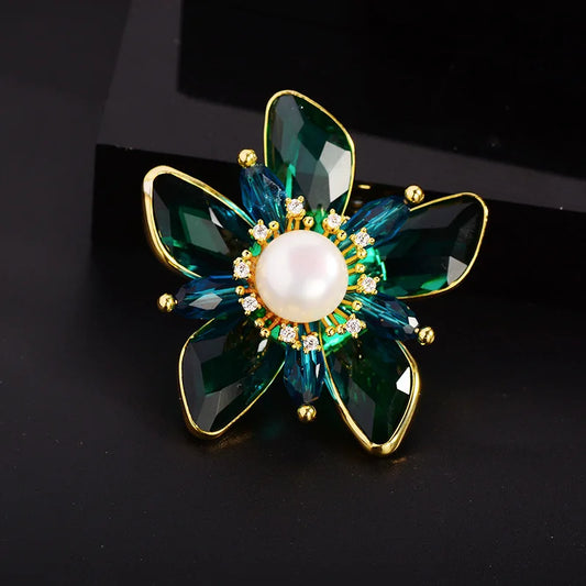 SUYU  New Green And Blue Crystal Flower Magnetic Suction Brooch With Simulated Pearl Inlaid Zirconium Brooch Pin Accessories