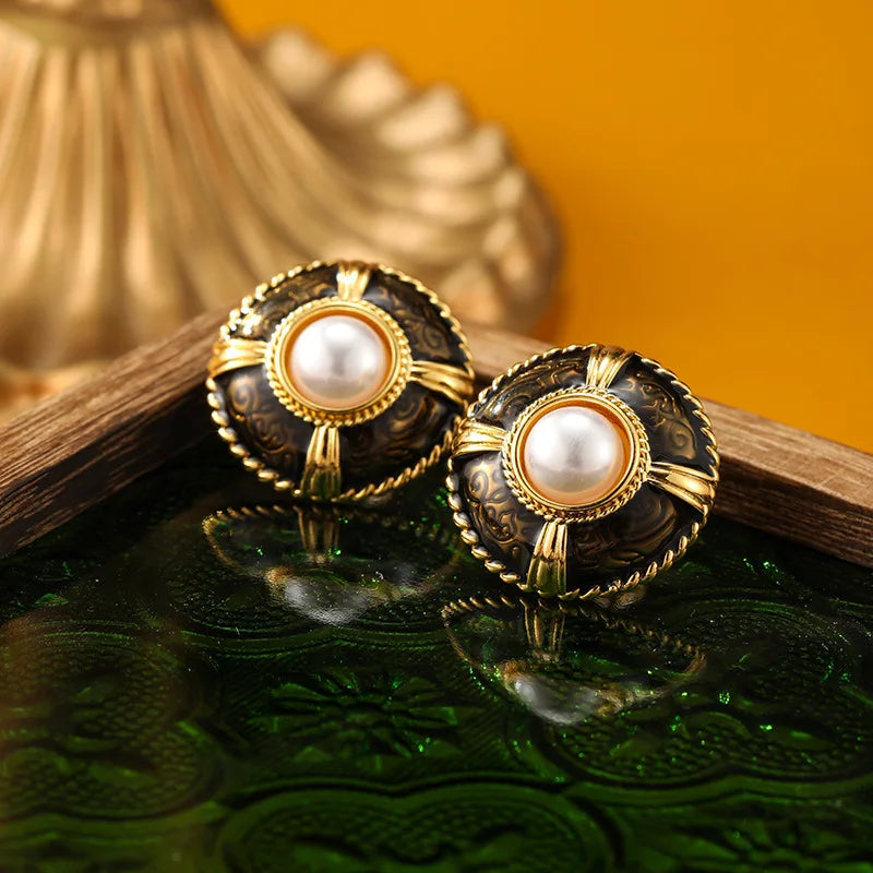 SUYU Vintege Classic Style Enamel Round Earrings Simulated Pearl Elegant Fashion Women's Luxury Earrings Jewelry Accessories