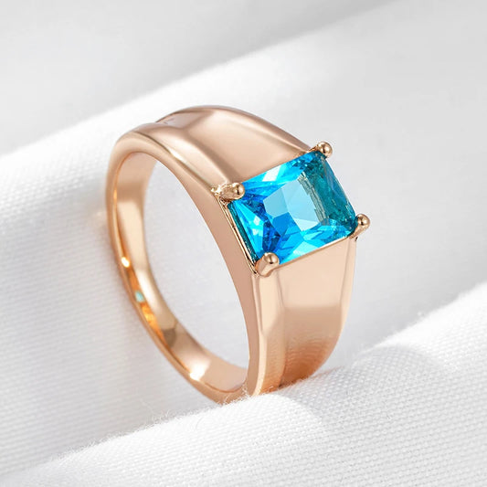 Wbmqda Simple Fashion Square Blue Natural Zircon Ring For Women 585 Rose Gold Color Metal Wide Surface Design Daily Fine Jewelry