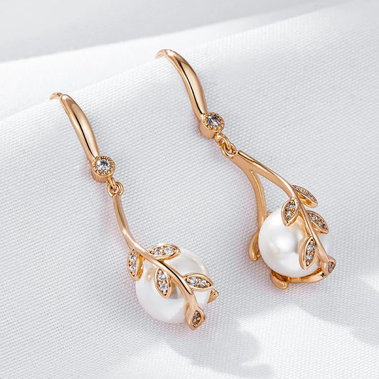 Wbmqda Unique Vine Shape Pearl Dangle Earrings For Women 585 Rose Gold Color Luxury Elegant Wedding Zircon Jewelry Accessories